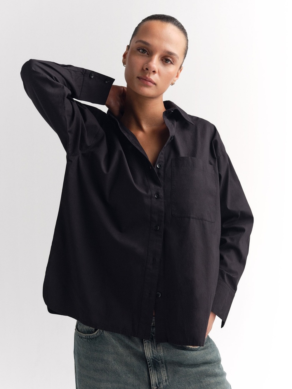 MATE the Label Organic Poplin Long Sleeve Button Down in Jet Black Size Small